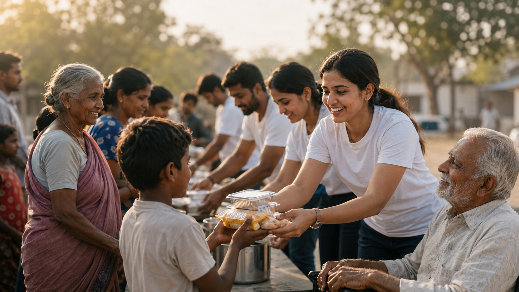 Volunteers distributing food in a community seva mission