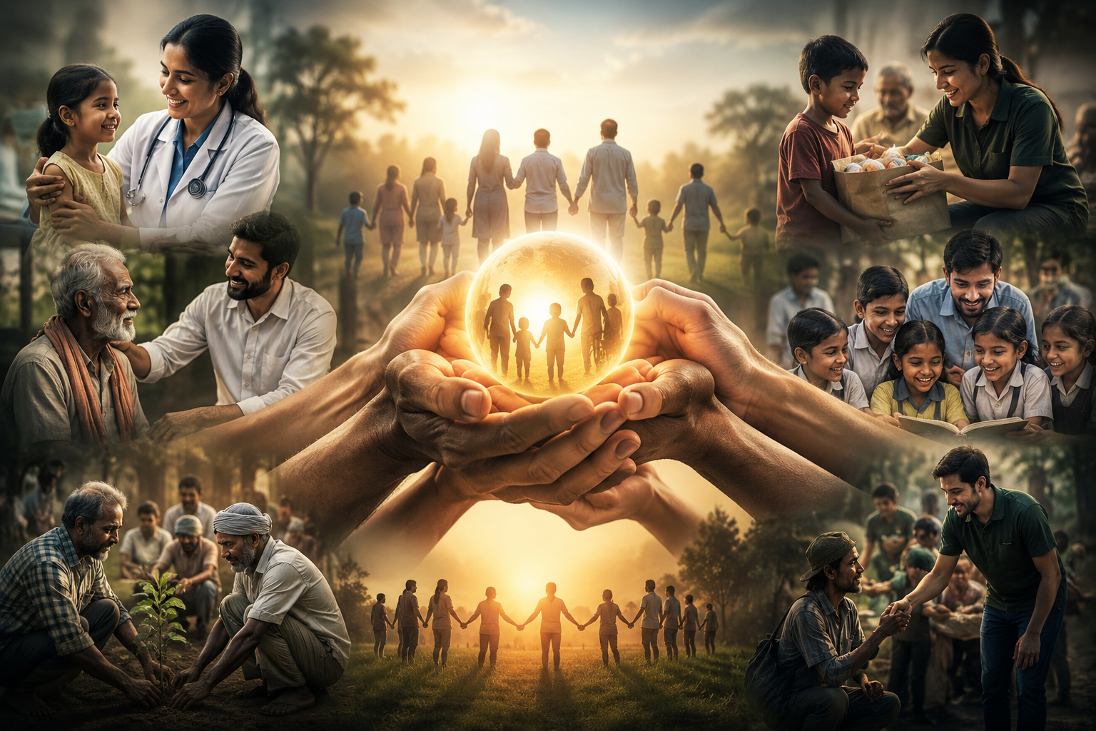 Community service collage representing healthcare, education, food support and social impact
